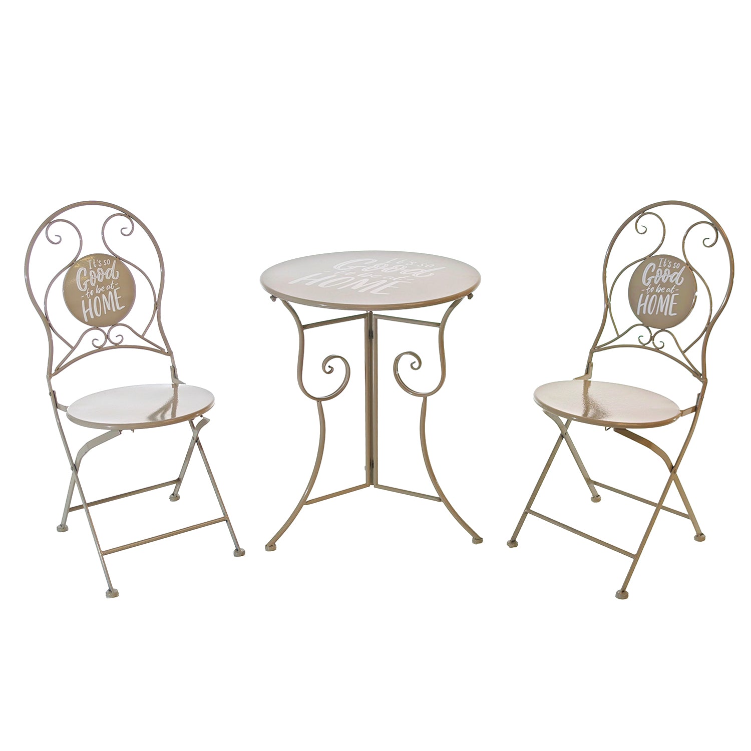 VESTIAMO CASA GIARDINO - Set giardino Bistrot tavolo rotondo 60 cm e 2 sedie in metallo Tortora - ''It's so good to be at Home''