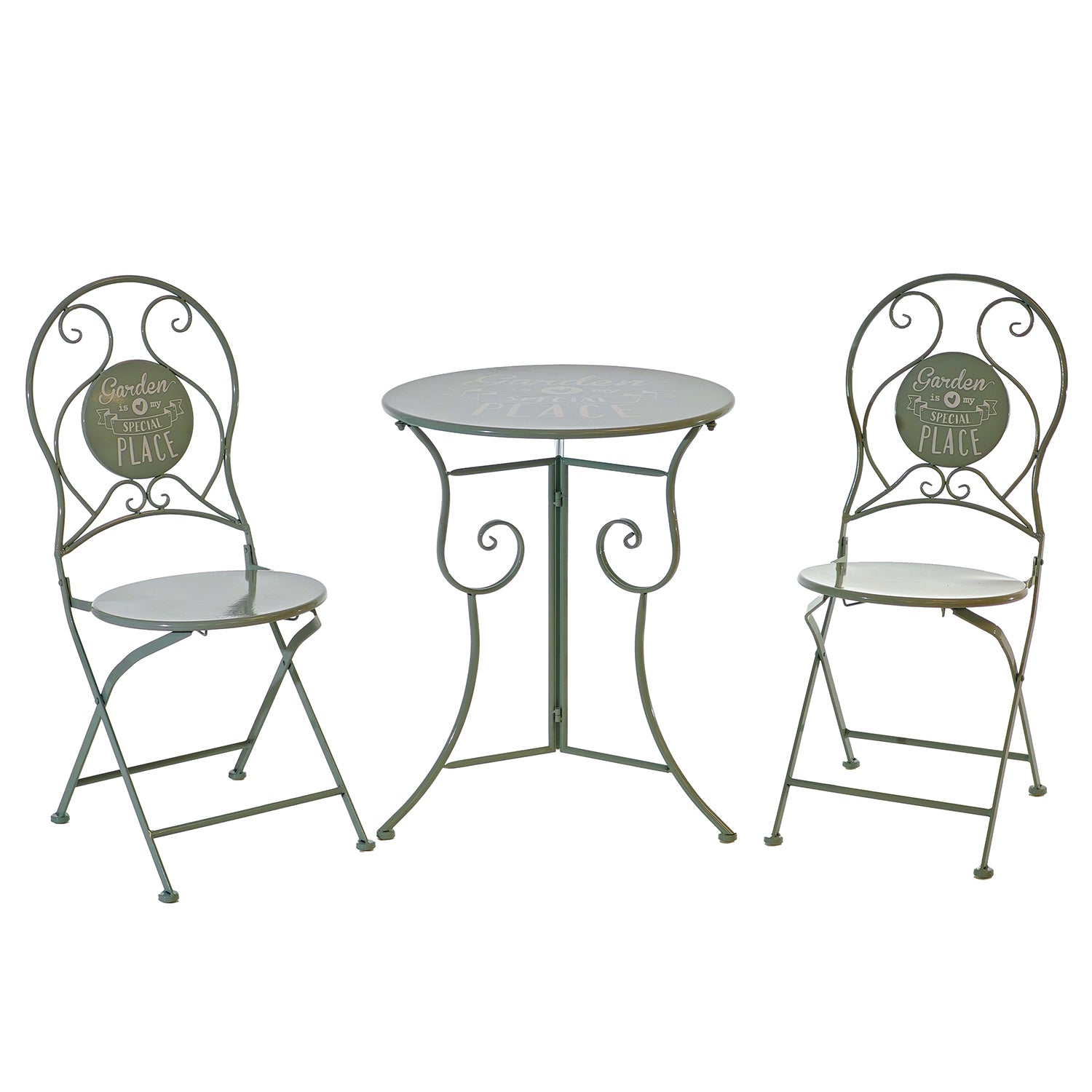 VESTIAMO CASA GIARDINO - Set giardino Bistrot tavolo rotondo 60 cm e 2 sedie in metallo Verde Salvia - ''Garden in my special Place''