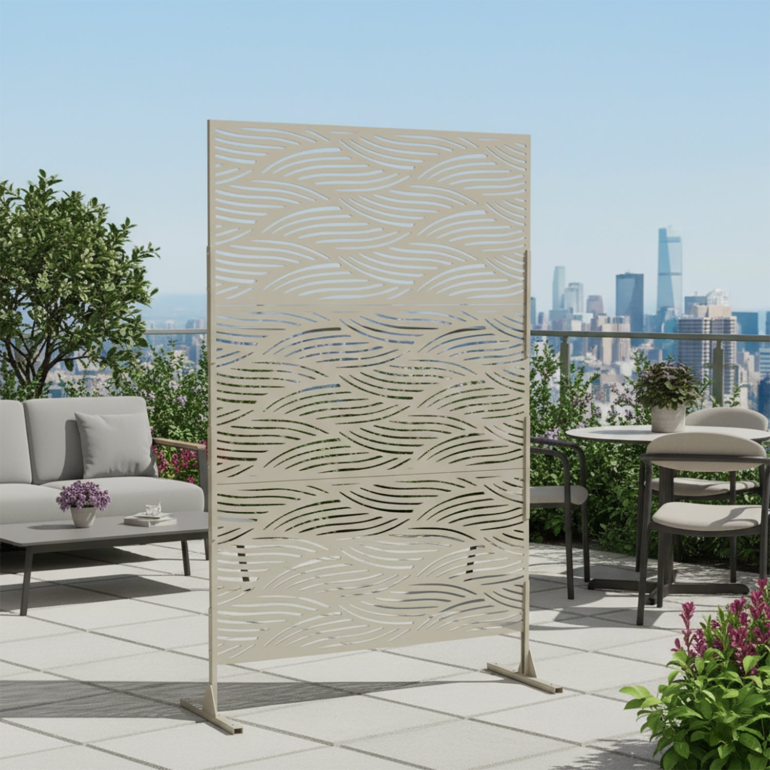 VESTIAMO CASA GIARDINO - Separé Rettangolare in Metallo Tortora con Decoro Ondulato - h186x116x50 cm