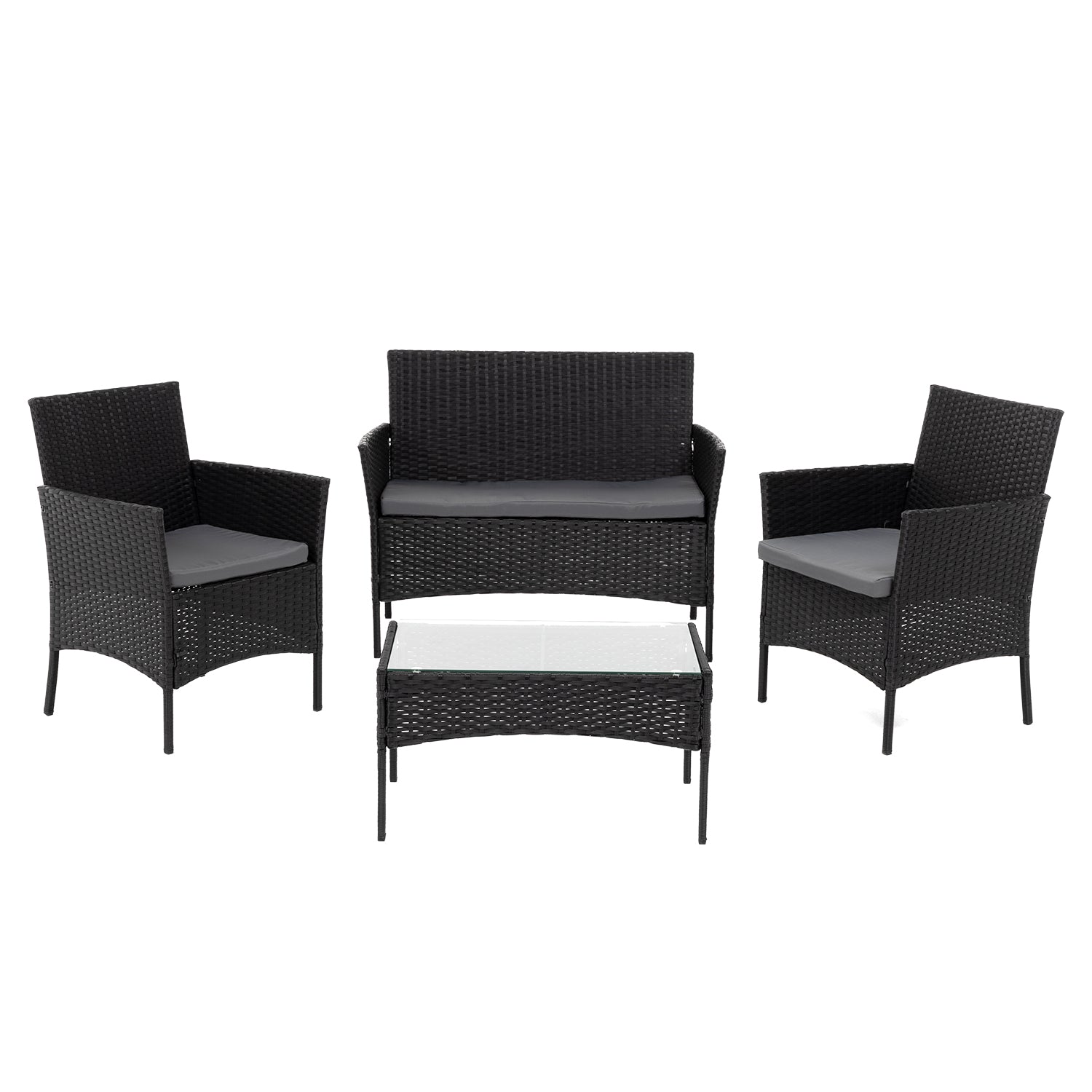 VESTIAMO CASA GIARDINO - Set da giardino 4 pezzi Antracite Rattan sintetico con struttura in acciaio, top in vetro e cuscini Grigio Scuro