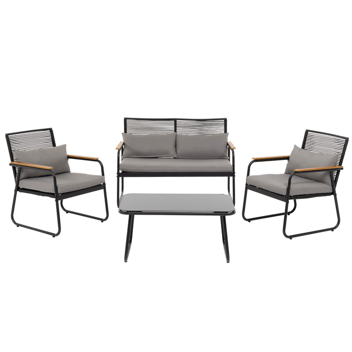 VESTIAMO CASA GIARDINO - Set da giardino 4 pezzi struttura in acciaio Antracite e braccioli Rattan con cuscini Grigio Scuro - Formato da 1 divano, 2 poltrone e 1 tavolino