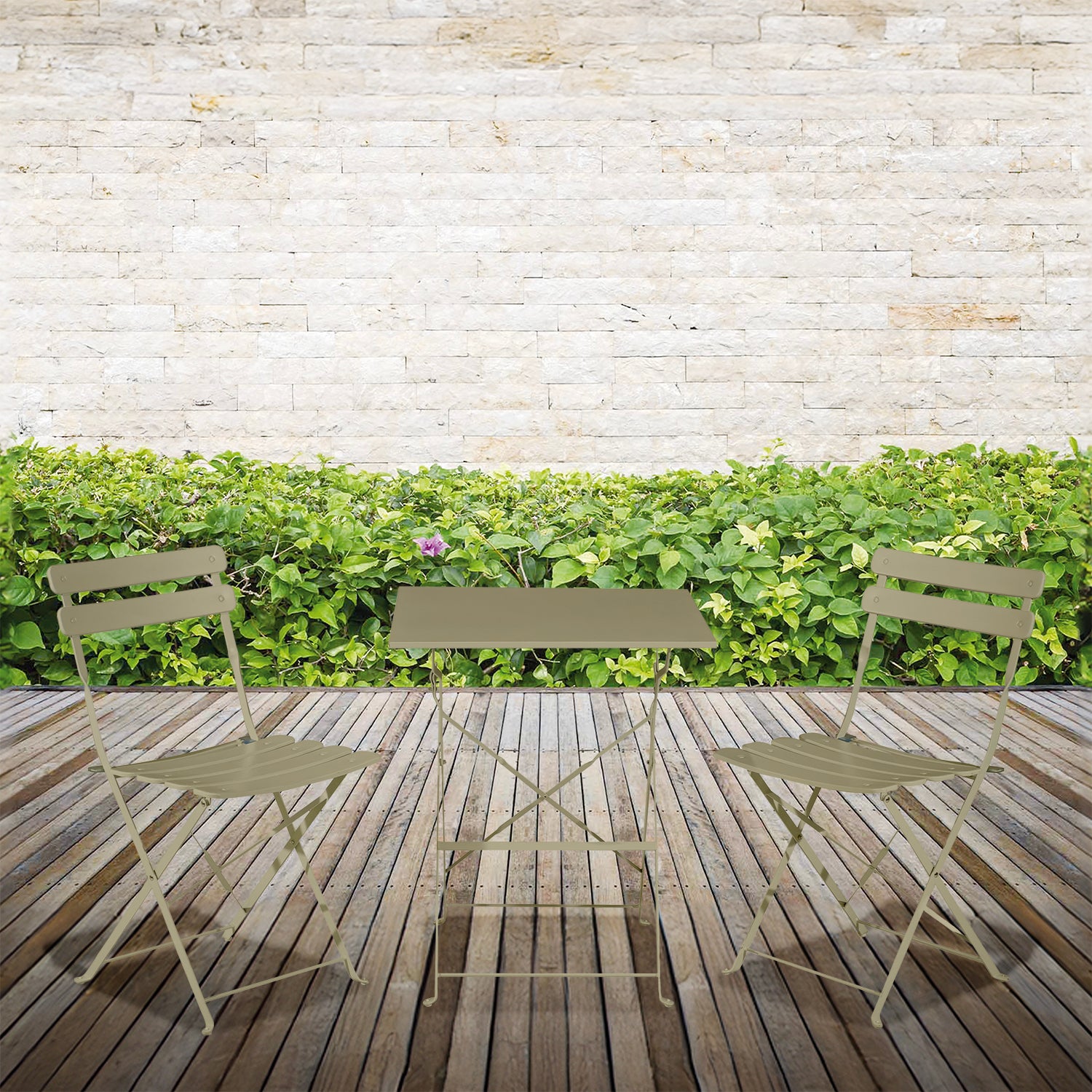 VESTIAMO CASA GIARDINO - Set giardino Bistrot tavolo 60x60 cm e 2 sedie pieghevoli in acciaio Tortora