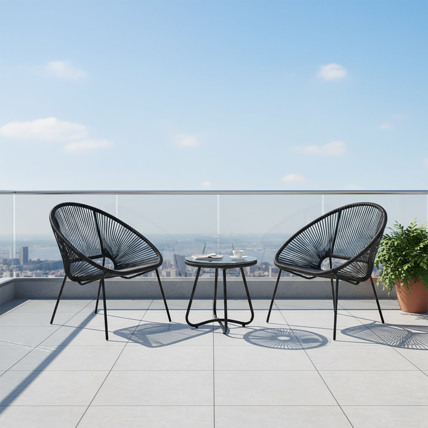 VESTIAMO CASA GIARDINO - Set giardino Bistrot Tavolo rotondo 50 cm e 2 sedie in acciaio Nero Effetto Rattan