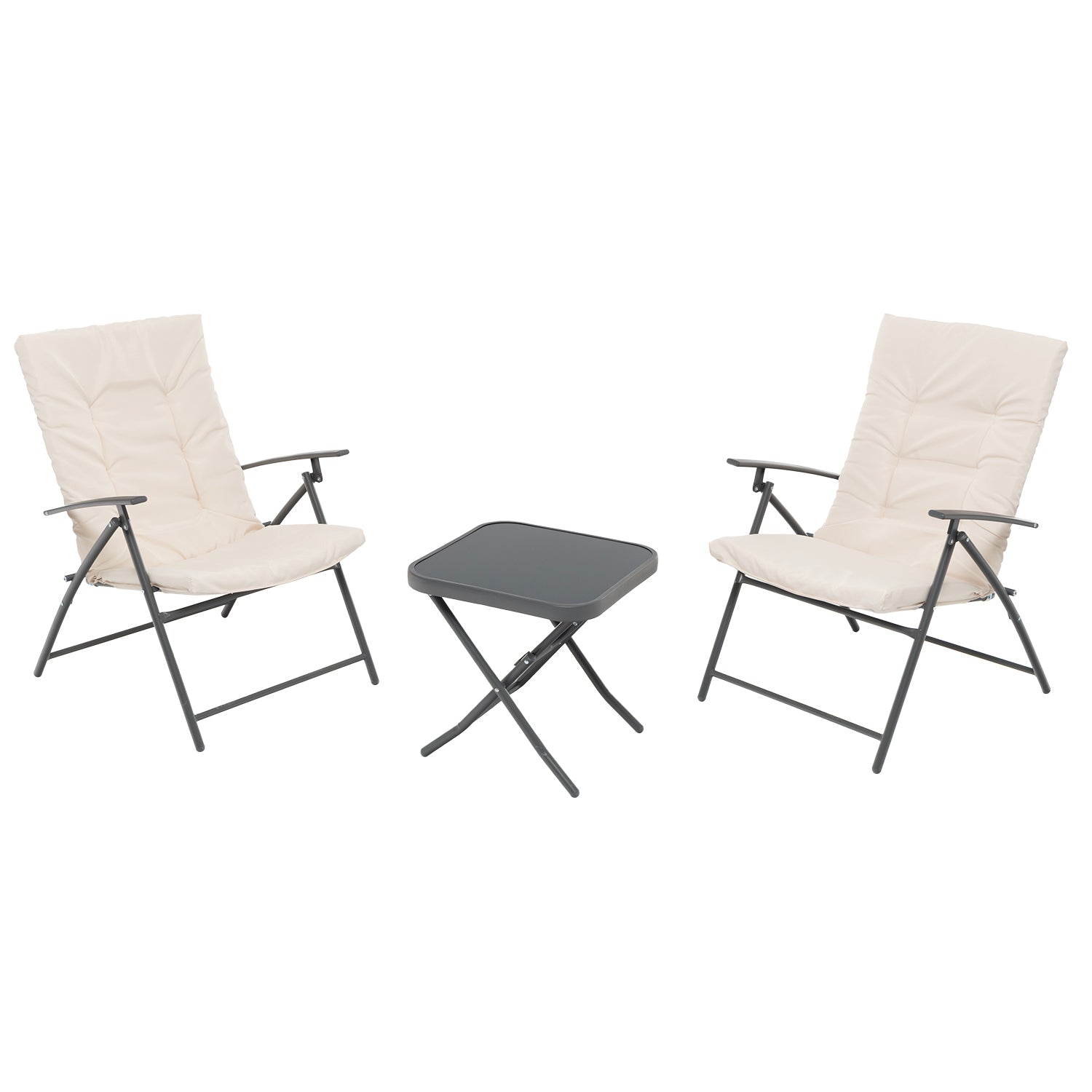 VESTIAMO CASA GIARDINO - Set giardino Tavolo 45x45 cm e 2 sedie in acciaio   Antracite Richiudibili con Cuscini Ècru