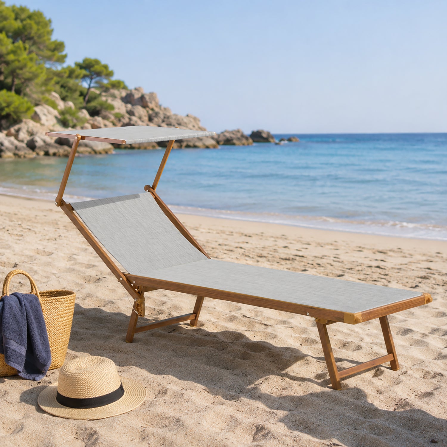 VESTIAMO CASA MARE - Lettino Prendisole con tettuccio in textilene Grigio e struttura in alluminio effetto legno - h36x189x58 cm