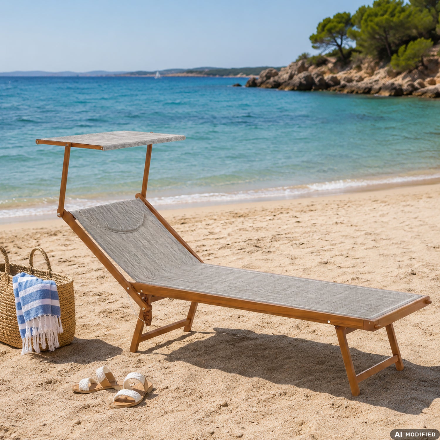 VESTIAMO CASA MARE - Lettino con Parasole Regolabile in Alluminio Effetto Legno con Tessuto Grigio Tortora - h36x189x58 cm