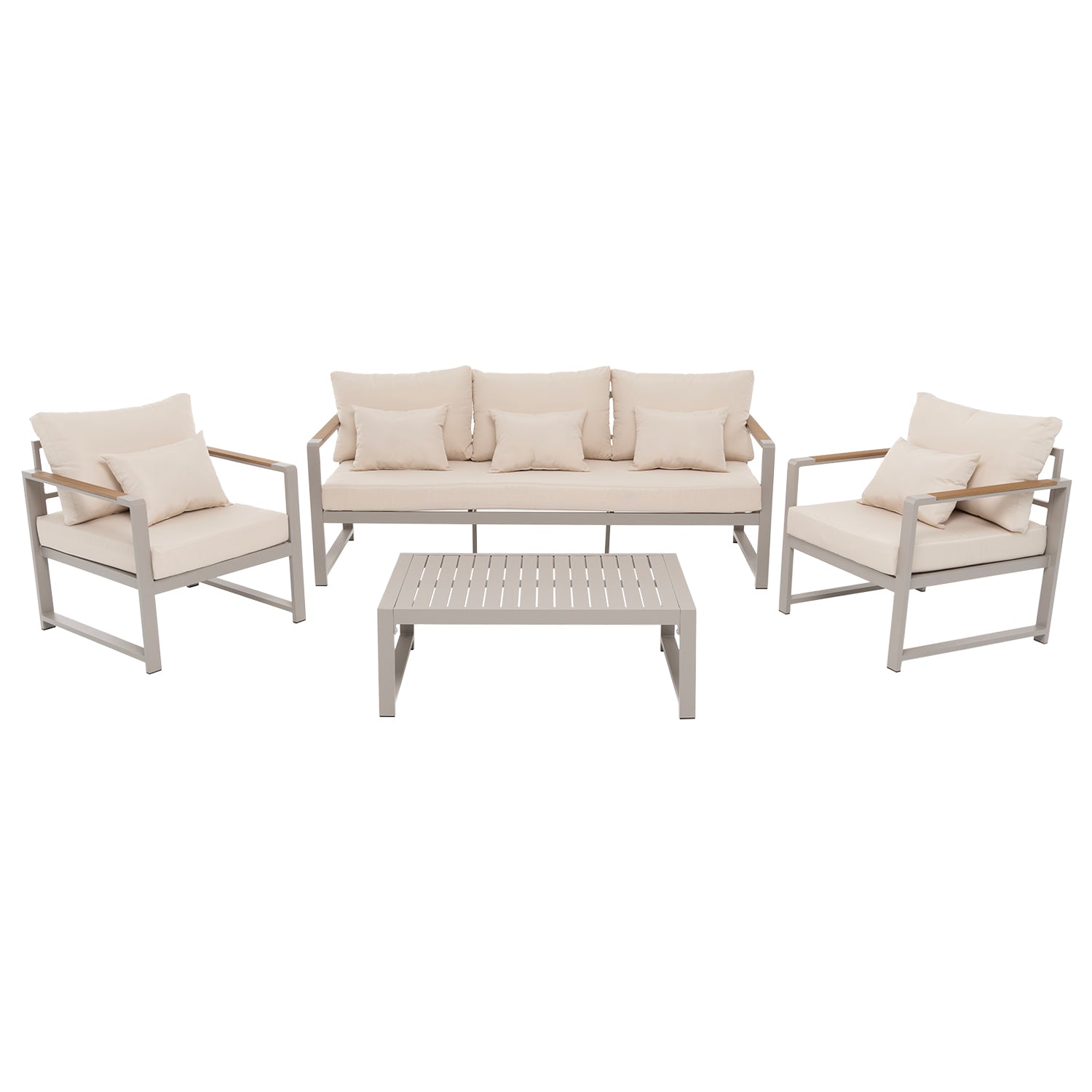 VESTIAMO CASA GIARDINO - Set da giardino 4 pezzi struttura in alluminio Sabbia e braccioli in Polywood con cuscini Beige - Formato da 1 divano, 2 poltrone e 1 tavolino
