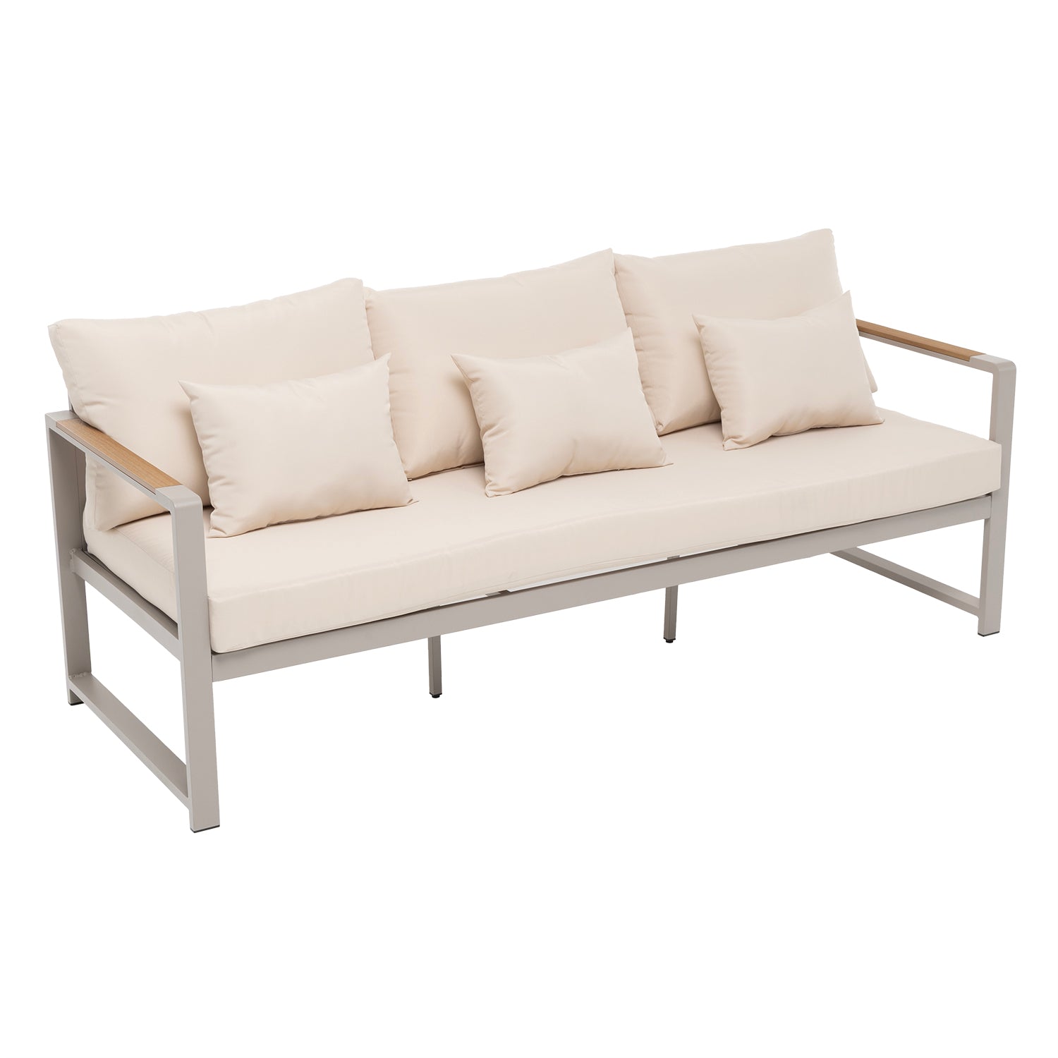 VESTIAMO CASA GIARDINO - Set da giardino 4 pezzi struttura in alluminio Sabbia e braccioli in Polywood con cuscini Beige - Formato da 1 divano, 2 poltrone e 1 tavolino