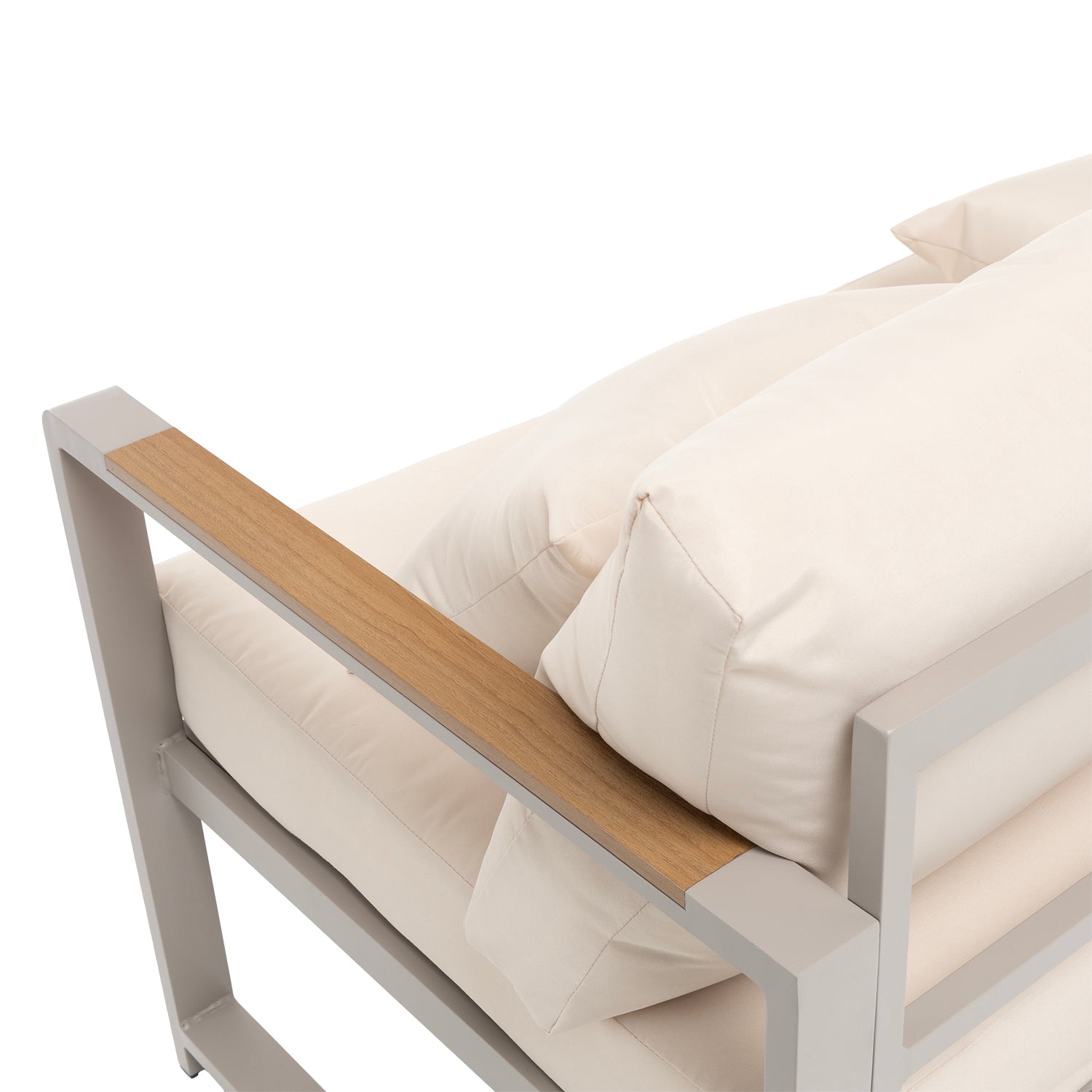 VESTIAMO CASA GIARDINO - Set da giardino 4 pezzi struttura in alluminio Sabbia e braccioli in Polywood con cuscini Beige - Formato da 1 divano, 2 poltrone e 1 tavolino