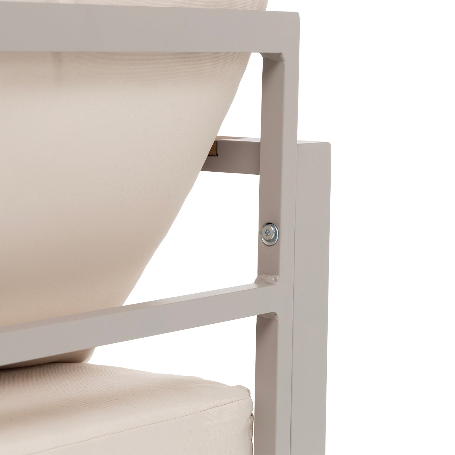 VESTIAMO CASA GIARDINO - Set da giardino 4 pezzi struttura in alluminio Sabbia e braccioli in Polywood con cuscini Beige - Formato da 1 divano, 2 poltrone e 1 tavolino