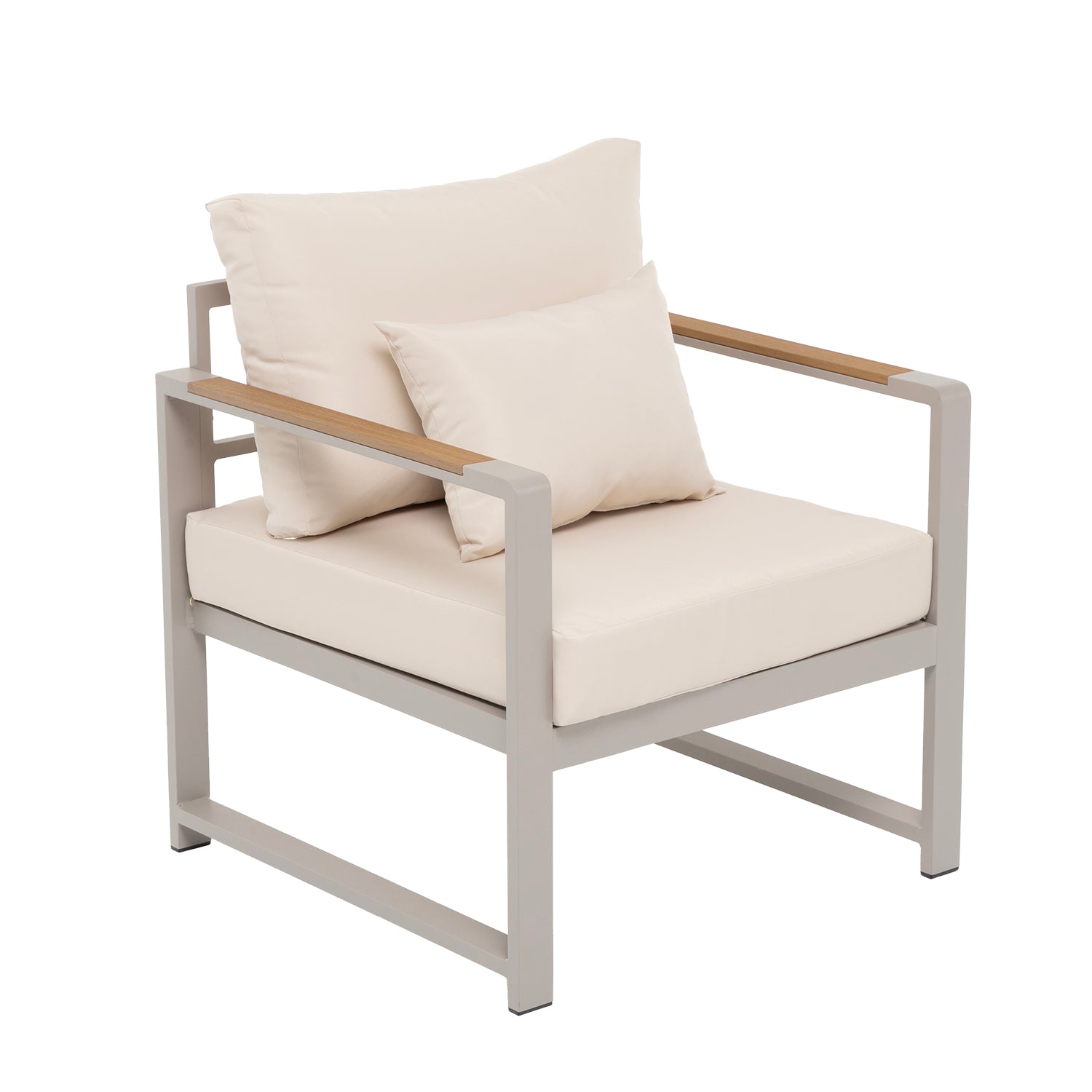 VESTIAMO CASA GIARDINO - Set da giardino 4 pezzi struttura in alluminio Sabbia e braccioli in Polywood con cuscini Beige - Formato da 1 divano, 2 poltrone e 1 tavolino