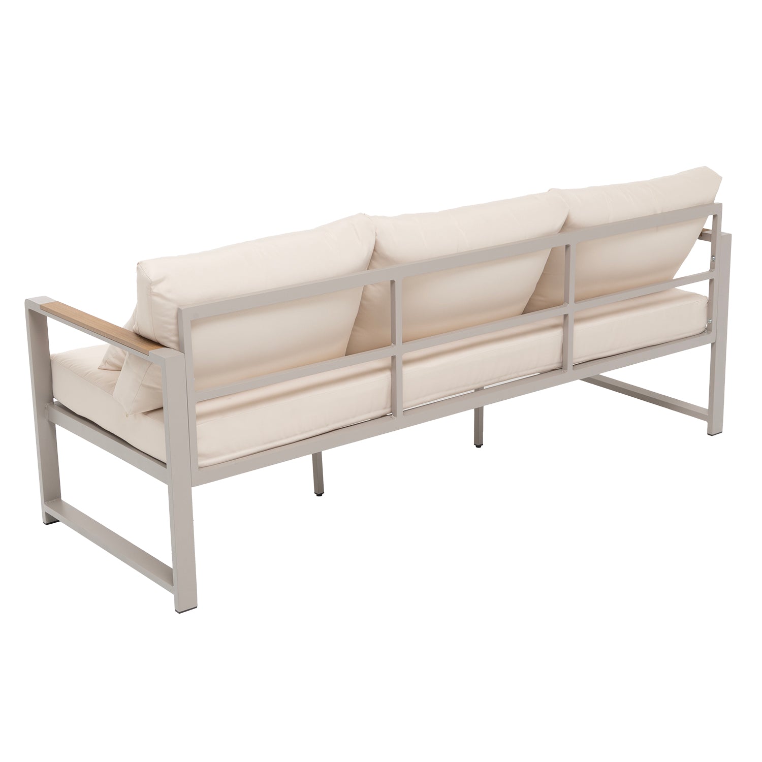 VESTIAMO CASA GIARDINO - Set da giardino 4 pezzi struttura in alluminio Sabbia e braccioli in Polywood con cuscini Beige - Formato da 1 divano, 2 poltrone e 1 tavolino