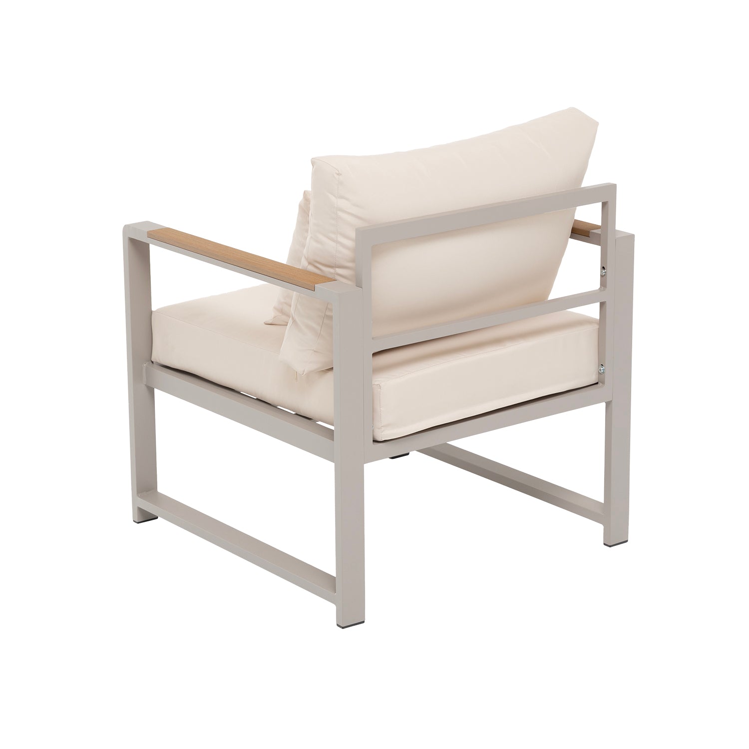 VESTIAMO CASA GIARDINO - Set da giardino 4 pezzi struttura in alluminio Sabbia e braccioli in Polywood con cuscini Beige - Formato da 1 divano, 2 poltrone e 1 tavolino