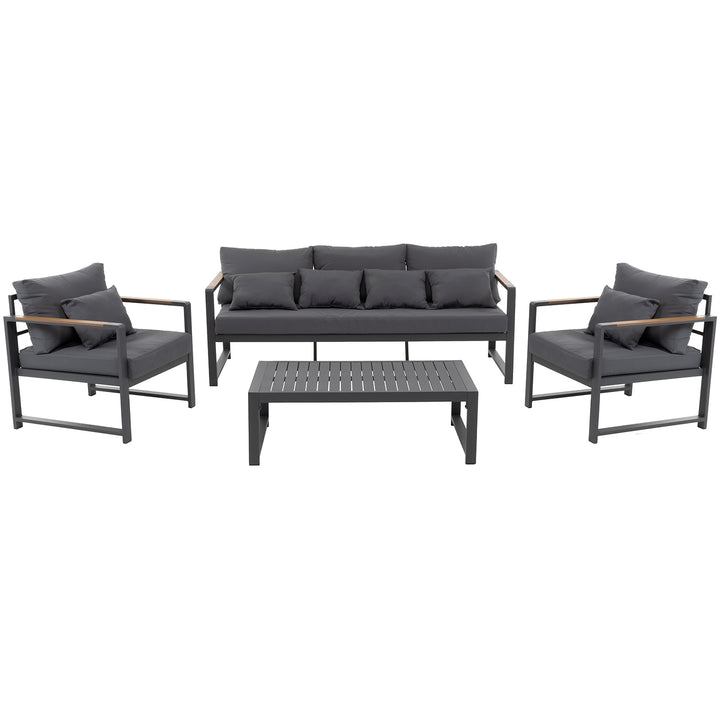 VESTIAMO CASA GIARDINO - Set da giardino 4 pezzi struttura in alluminio Antracite e braccioli in Polywood con cuscini Grigio Scuro - Formato da 1 divano, 2 poltrone e 1 tavolino