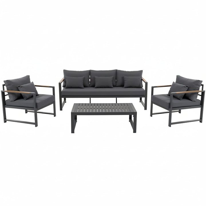 VESTIAMO CASA GIARDINO - Set da giardino 4 pezzi struttura in alluminio Antracite e braccioli in Polywood con cuscini Grigio Scuro - Formato da 1 divano, 2 poltrone e 1 tavolino