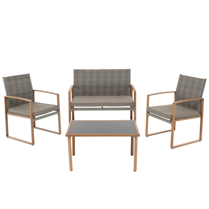 VESTIAMO CASA GIARDINO - Set da giardino 4 pezzi in acciaio Effetto Legno - Panchina a 2 posti, 2 poltrone e tavolino da salotto