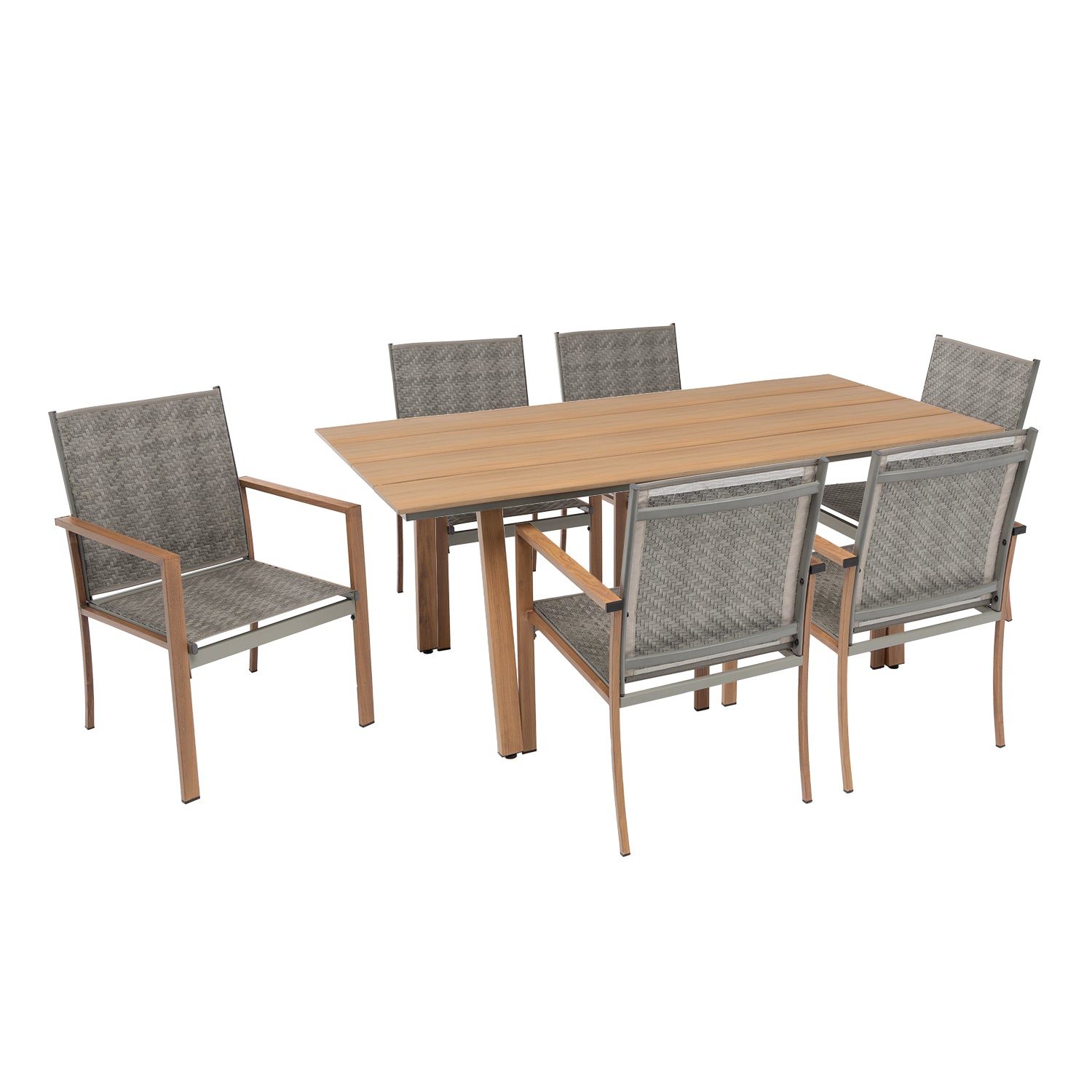 VESTIAMO CASA GIARDINO - Set da giardino 7 pezzi Tavolo con 6 Sedie struttura in Acciaio Effetto Legno e Top in Polywood