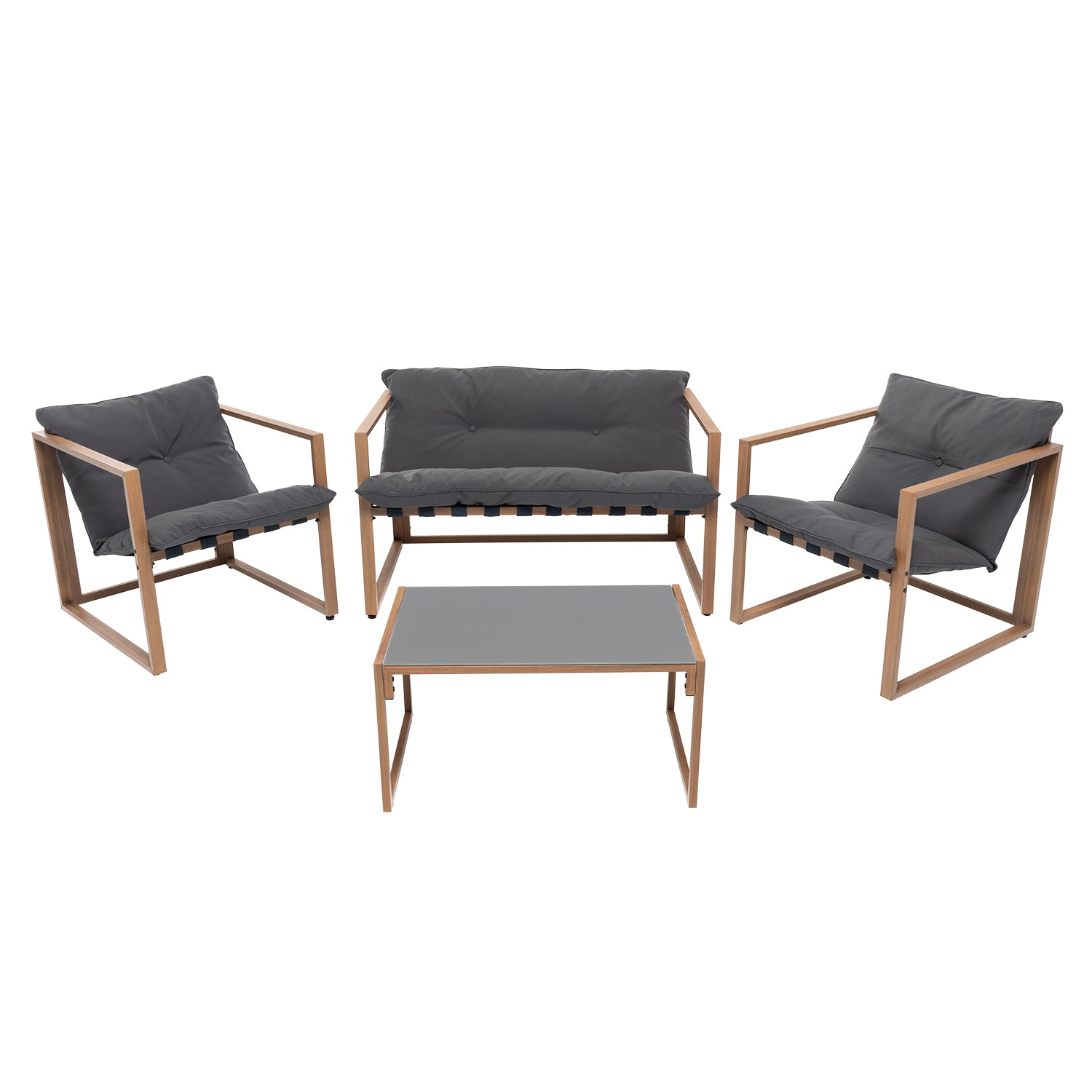 VESTIAMO CASA GIARDINO - Set da giardino 4 pezzi Struttura in Metallo Effetto Legno,Top in Vetro e Cuscini Antracite inclusi
