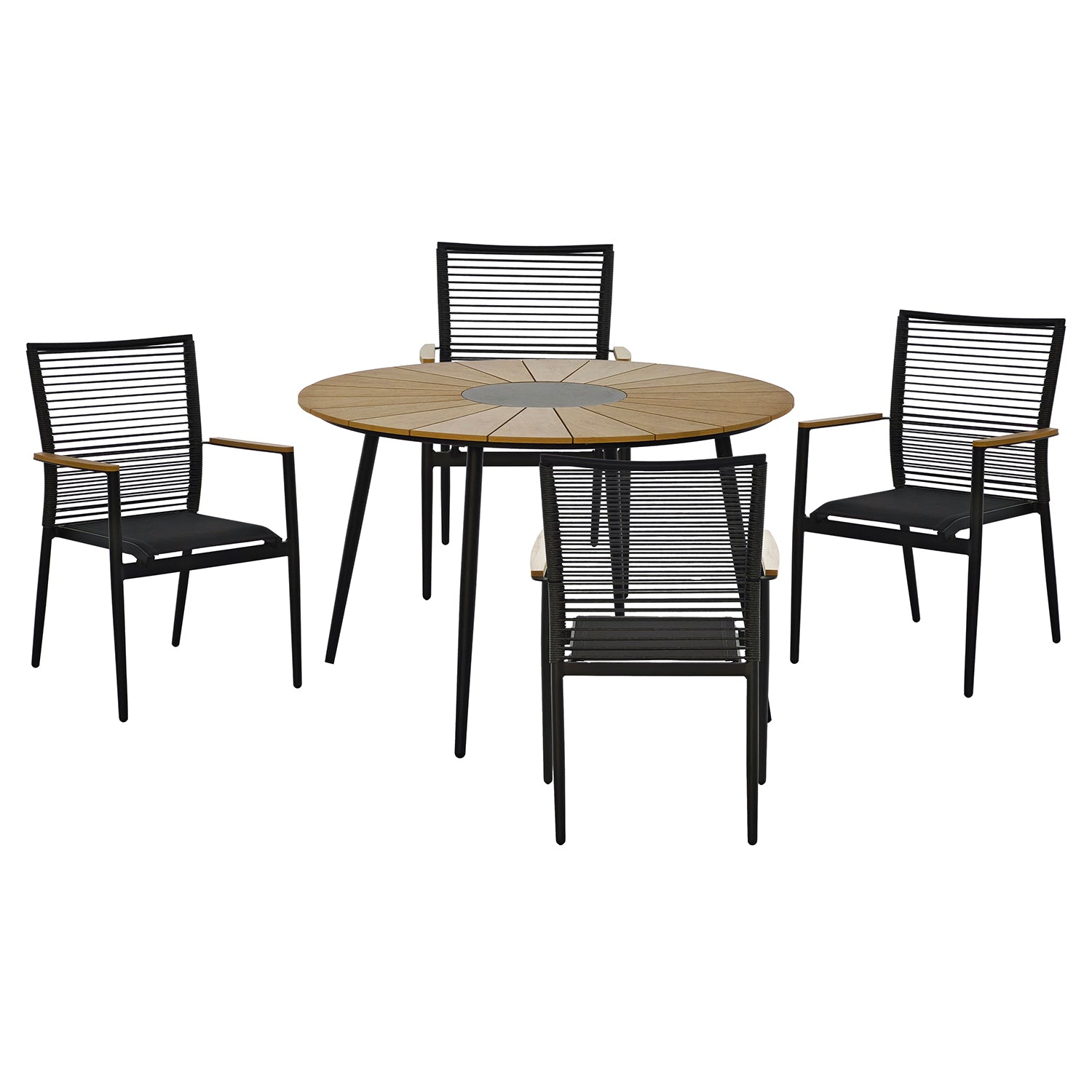 VESTIAMO CASA GIARDINO - Set da giardino 5 pezzi Tavolo con 4 Sedie struttura in Acciaio e Schienale effetto rattan, Top in Polywood e vetro serigrafato effetto marmo