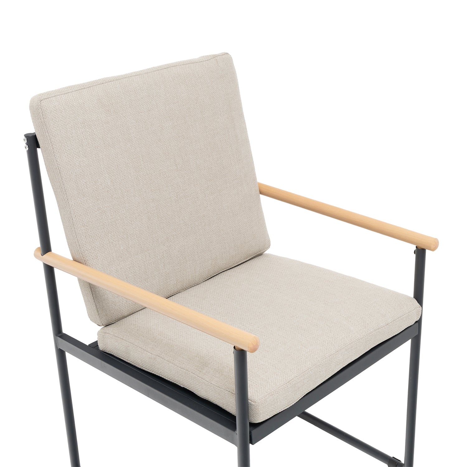 VESTIAMO CASA GIARDINO - Set da giardino 7 pezzi Tavolo con 6 Sedie Struttura in acciaio e alluminio, braccioli Effetto Legno e cuscini inclusi
