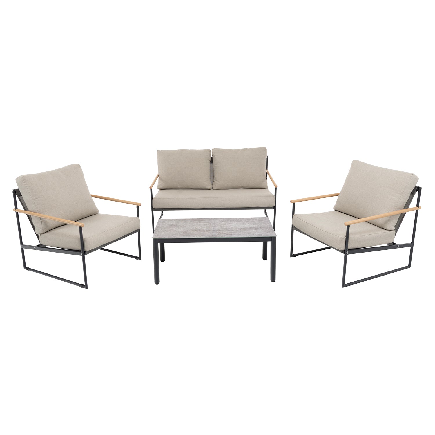 VESTIAMO CASA GIARDINO - Set da giardino 4 pezzi Struttura in acciaio e alluminio, braccioli Effetto Legno e cuscini inclusi