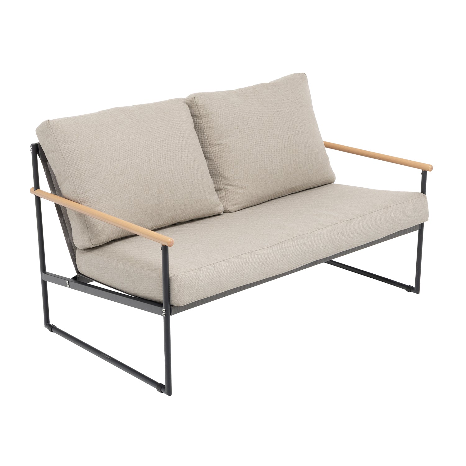 VESTIAMO CASA GIARDINO - Set da giardino 4 pezzi Struttura in acciaio e alluminio, braccioli Effetto Legno e cuscini inclusi
