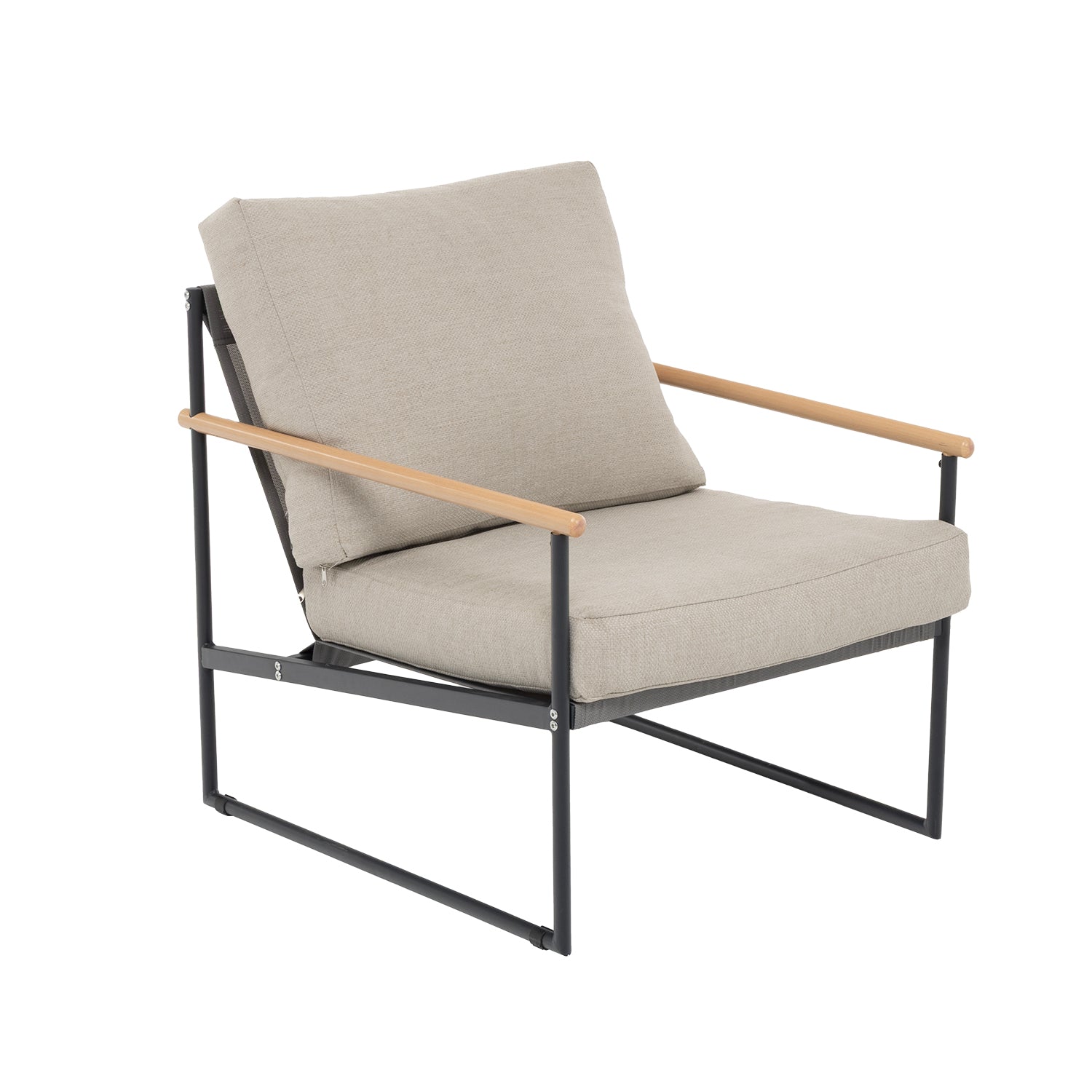 VESTIAMO CASA GIARDINO - Set da giardino 4 pezzi Struttura in acciaio e alluminio, braccioli Effetto Legno e cuscini inclusi
