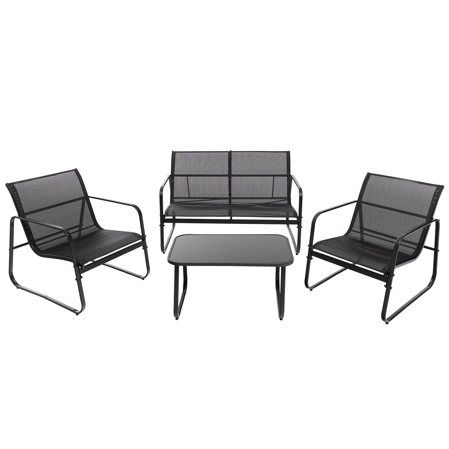 VESTIAMO CASA GIARDINO - Set da giardino 4 pezzi Struttura in Acciaio Nero, braccioli e Top in Vetro