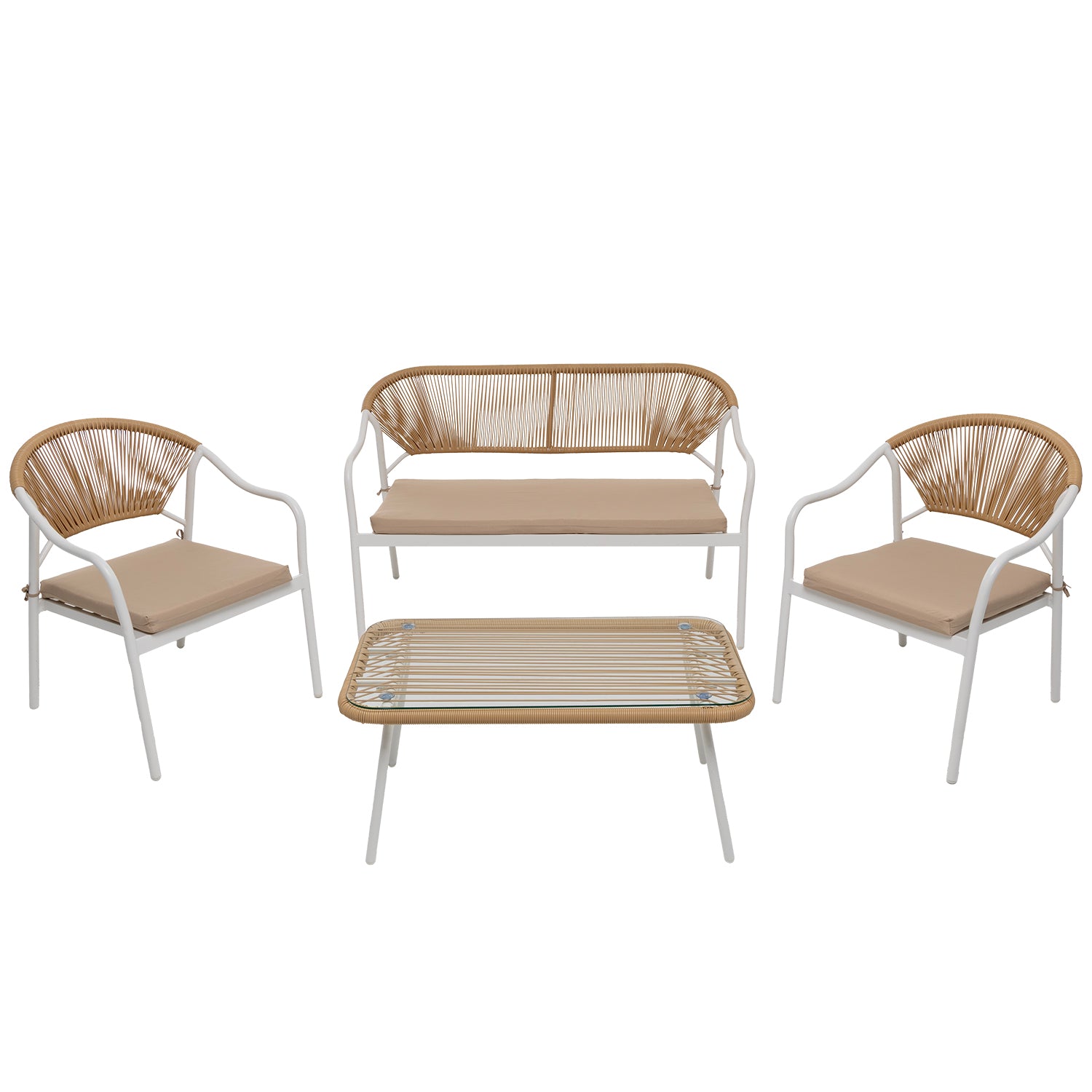 VESTIAMO CASA GIARDINO - Set da giardino 4 pezzi Struttura in Acciaio Bianca, Schienale in Rattan, Top in vetro e Cuscini Tortora inclusi