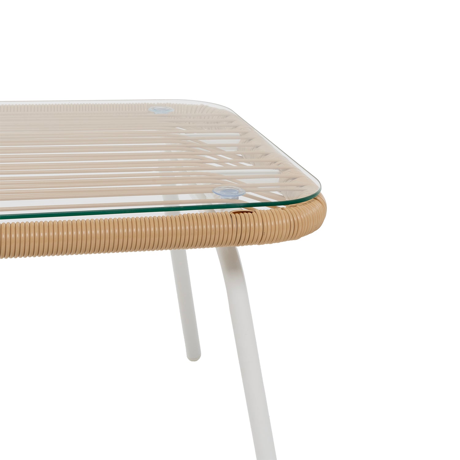 VESTIAMO CASA GIARDINO - Set da giardino 4 pezzi Struttura in Acciaio Bianca, Schienale in Rattan, Top in vetro e Cuscini Tortora inclusi