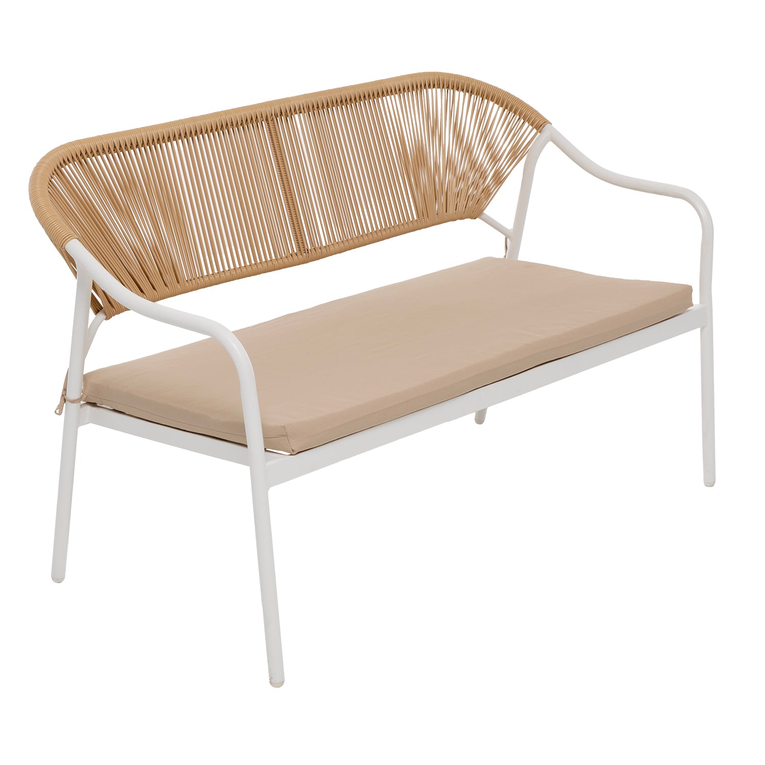 VESTIAMO CASA GIARDINO - Set da giardino 4 pezzi Struttura in Acciaio Bianca, Schienale in Rattan, Top in vetro e Cuscini Tortora inclusi