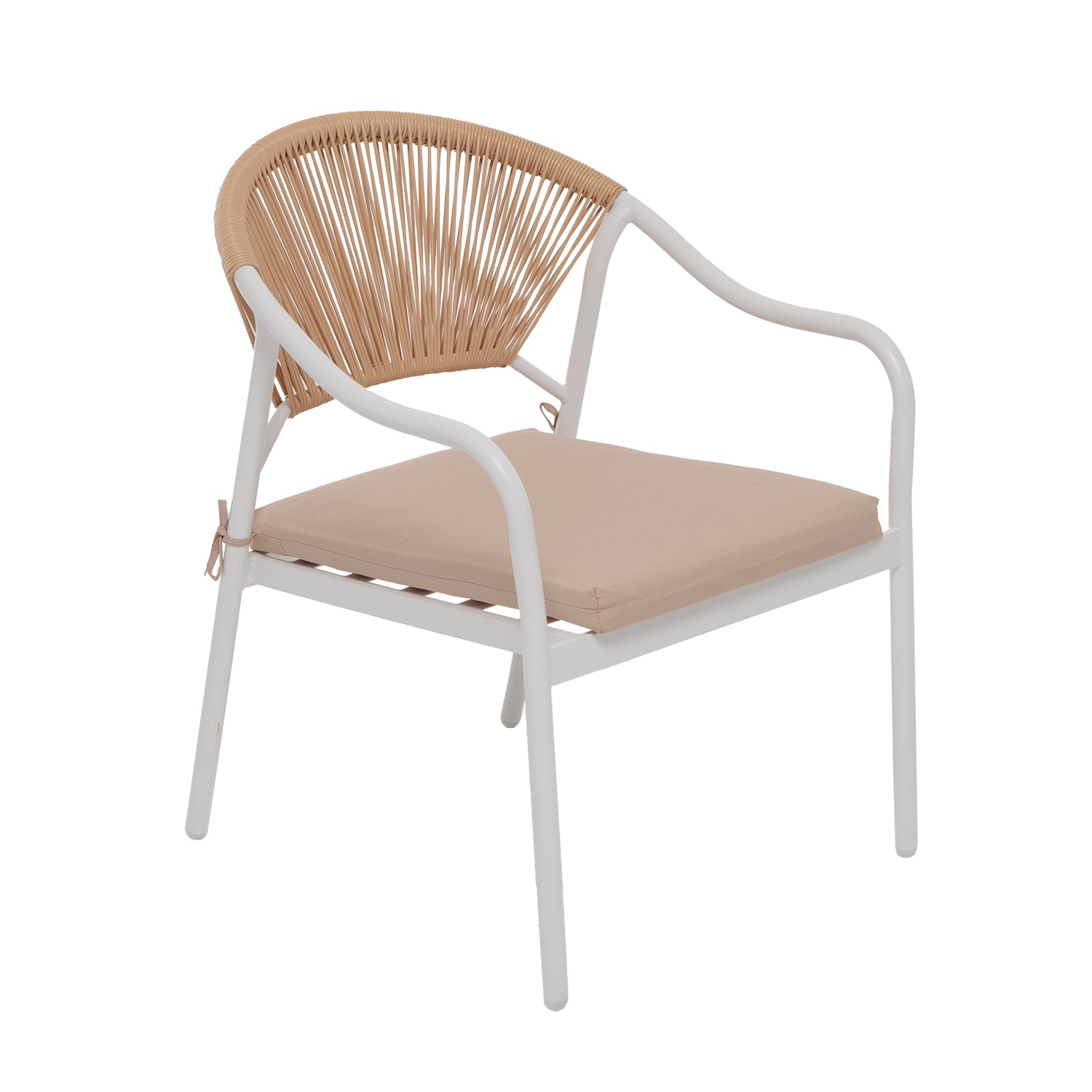 VESTIAMO CASA GIARDINO - Set da giardino 4 pezzi Struttura in Acciaio Bianca, Schienale in Rattan, Top in vetro e Cuscini Tortora inclusi