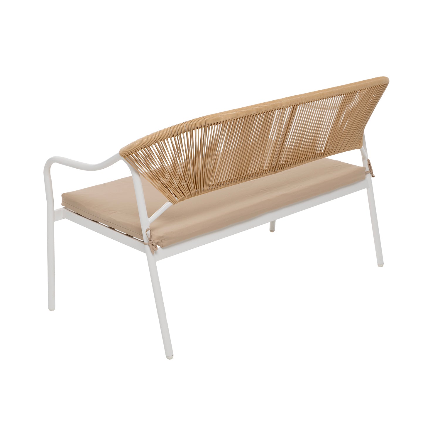 VESTIAMO CASA GIARDINO - Set da giardino 4 pezzi Struttura in Acciaio Bianca, Schienale in Rattan, Top in vetro e Cuscini Tortora inclusi