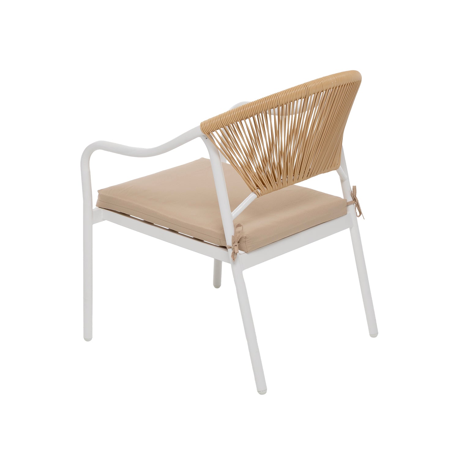 VESTIAMO CASA GIARDINO - Set da giardino 4 pezzi Struttura in Acciaio Bianca, Schienale in Rattan, Top in vetro e Cuscini Tortora inclusi