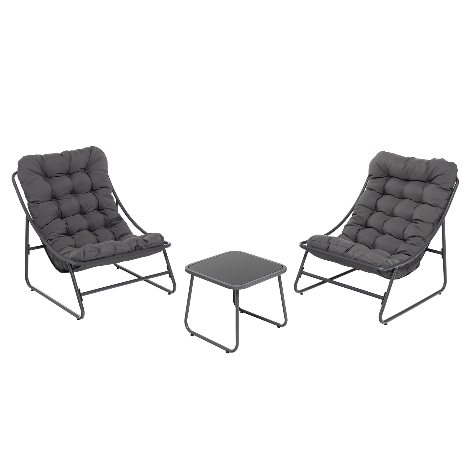 VESTIAMO CASA GIARDINO - Set giardino Tavolo 45x45 cm e 2 poltrone in acciaio con Cuscini Antracite