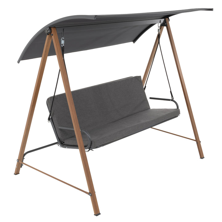 VESTIAMO CASA GIARDINO - Dondolo da giardino struttura in Acciaio Effetto Legno e seduta in textilene grigio - h170x125x95 cm