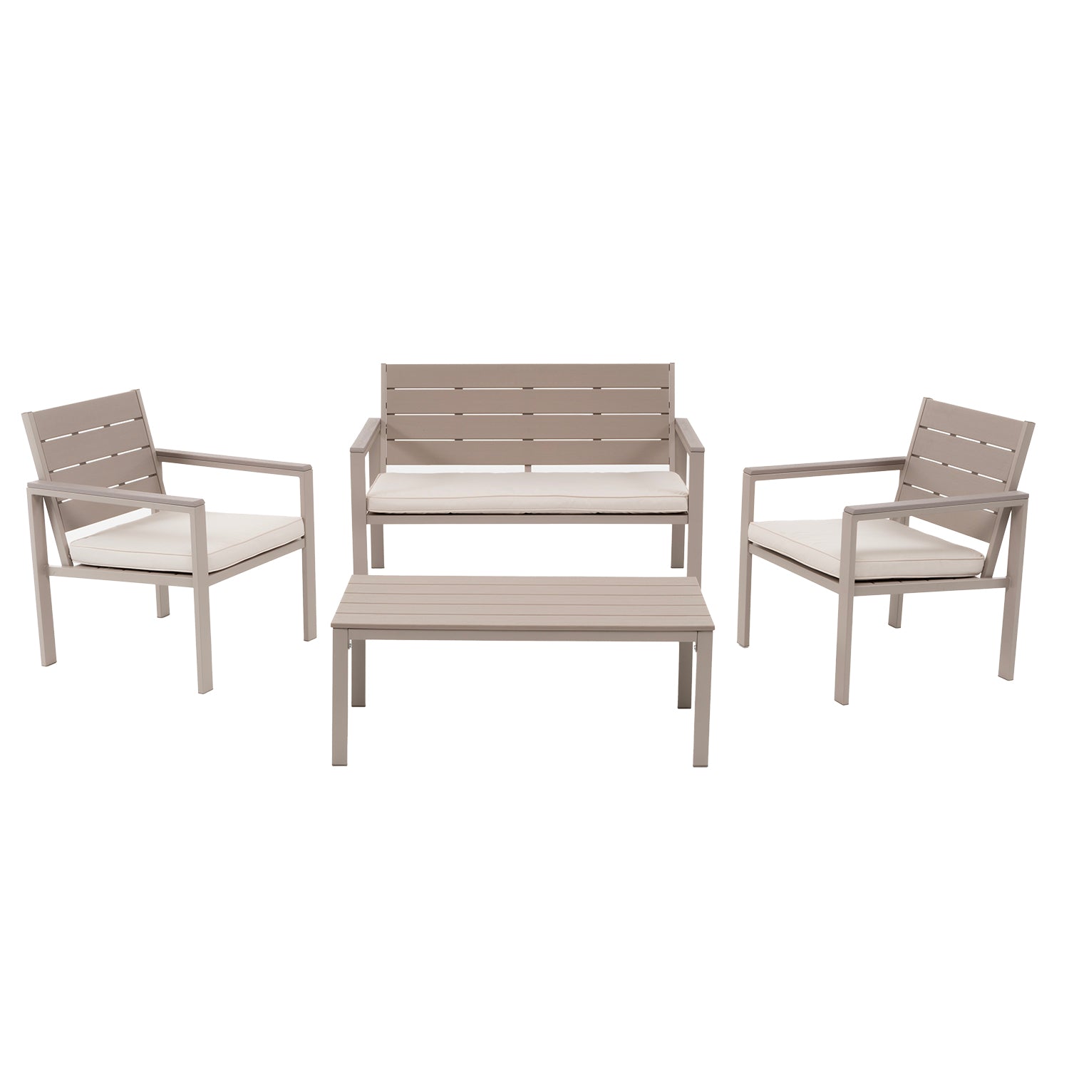 VESTIAMO CASA GIARDINO - Set da giardino 4 pezzi struttura in acciaio Beige con Doghe in HDPE Effetto Legno Tortora