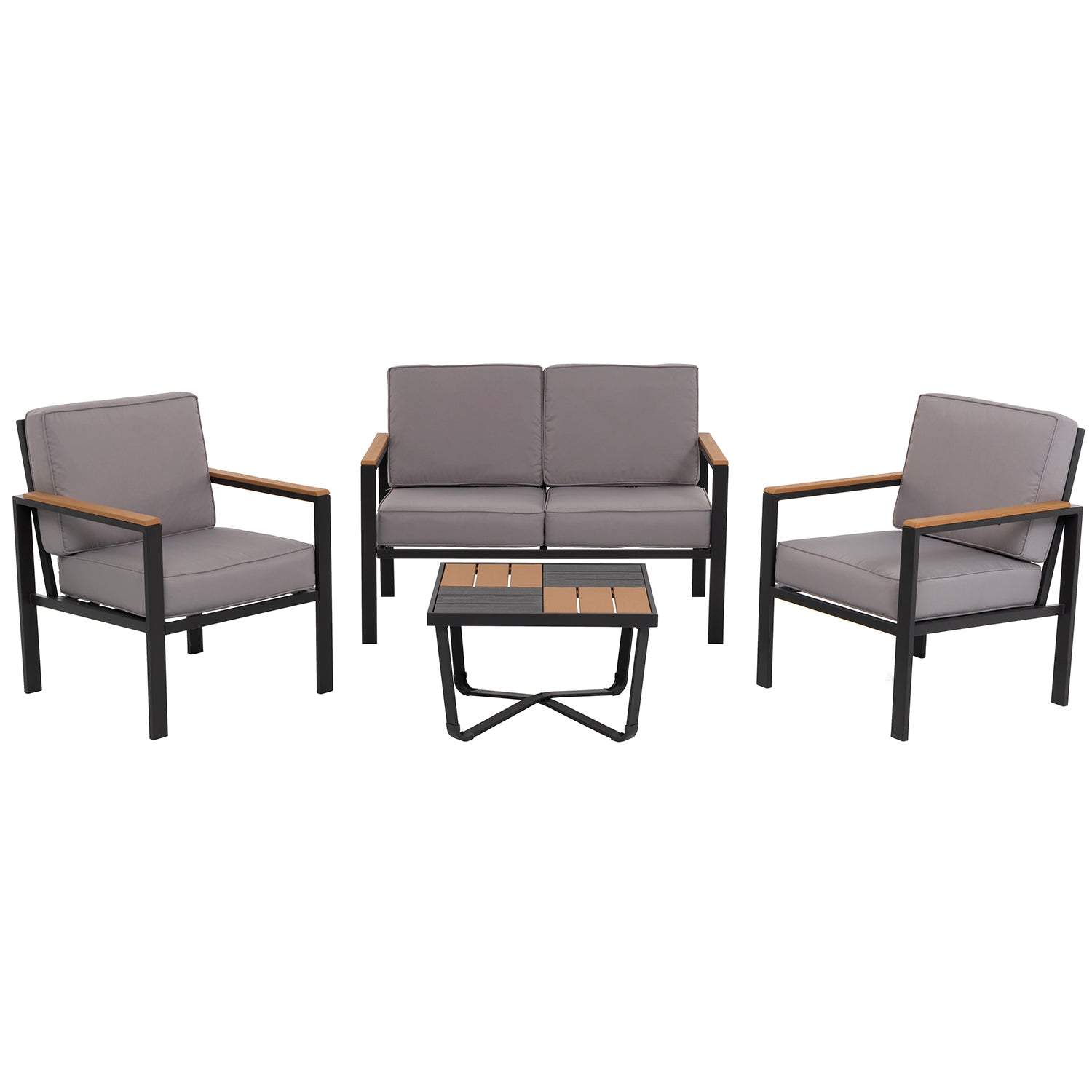 VESTIAMO CASA GIARDINO - Set da giardino 4 pezzi struttura in acciaio Antracite e Doghe in HDPE con cuscini Grigio Scuro - Formato da Panchina a 2 posti, 2 poltrone e tavolino da salotto