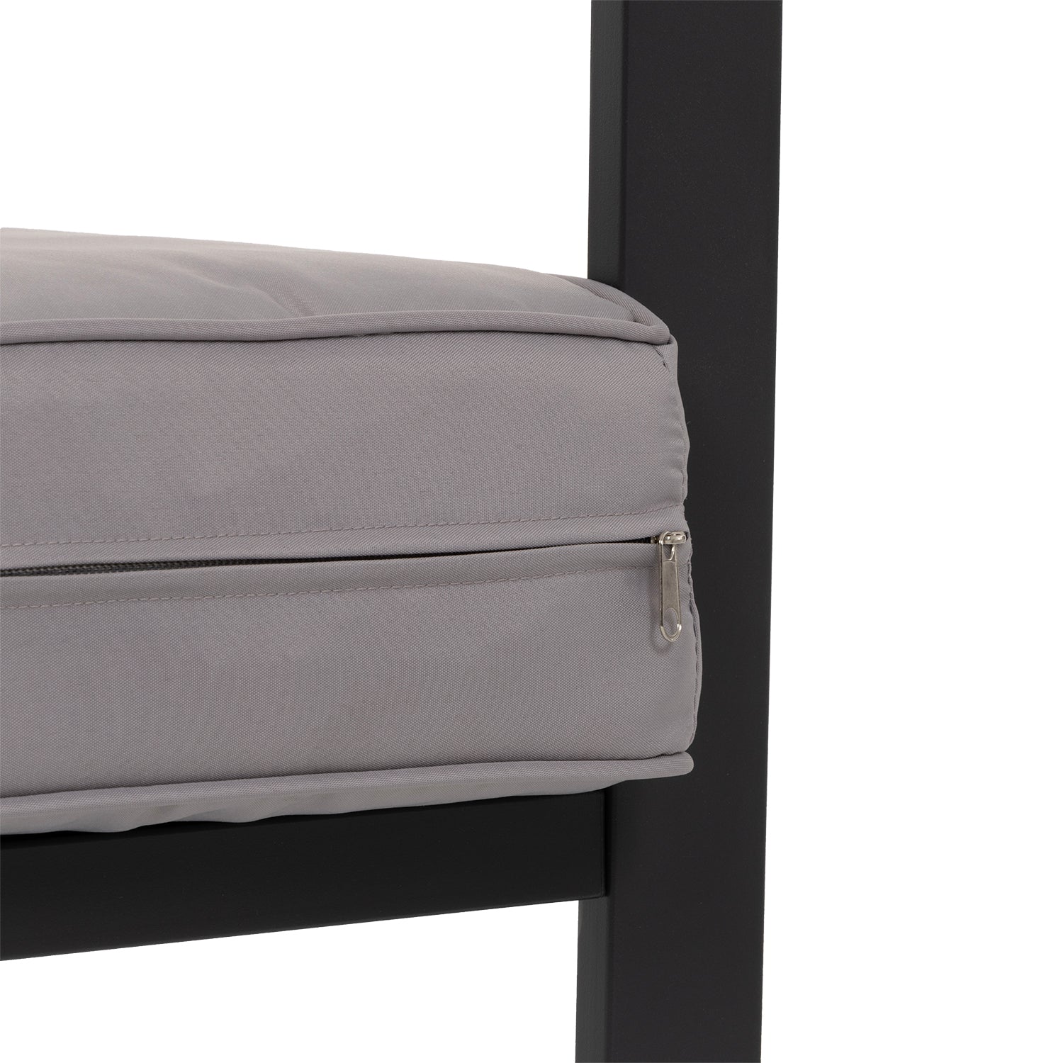 VESTIAMO CASA GIARDINO - Set da giardino 4 pezzi struttura in acciaio Antracite e Doghe in HDPE con cuscini Grigio Scuro - Formato da Panchina a 2 posti, 2 poltrone e tavolino da salotto