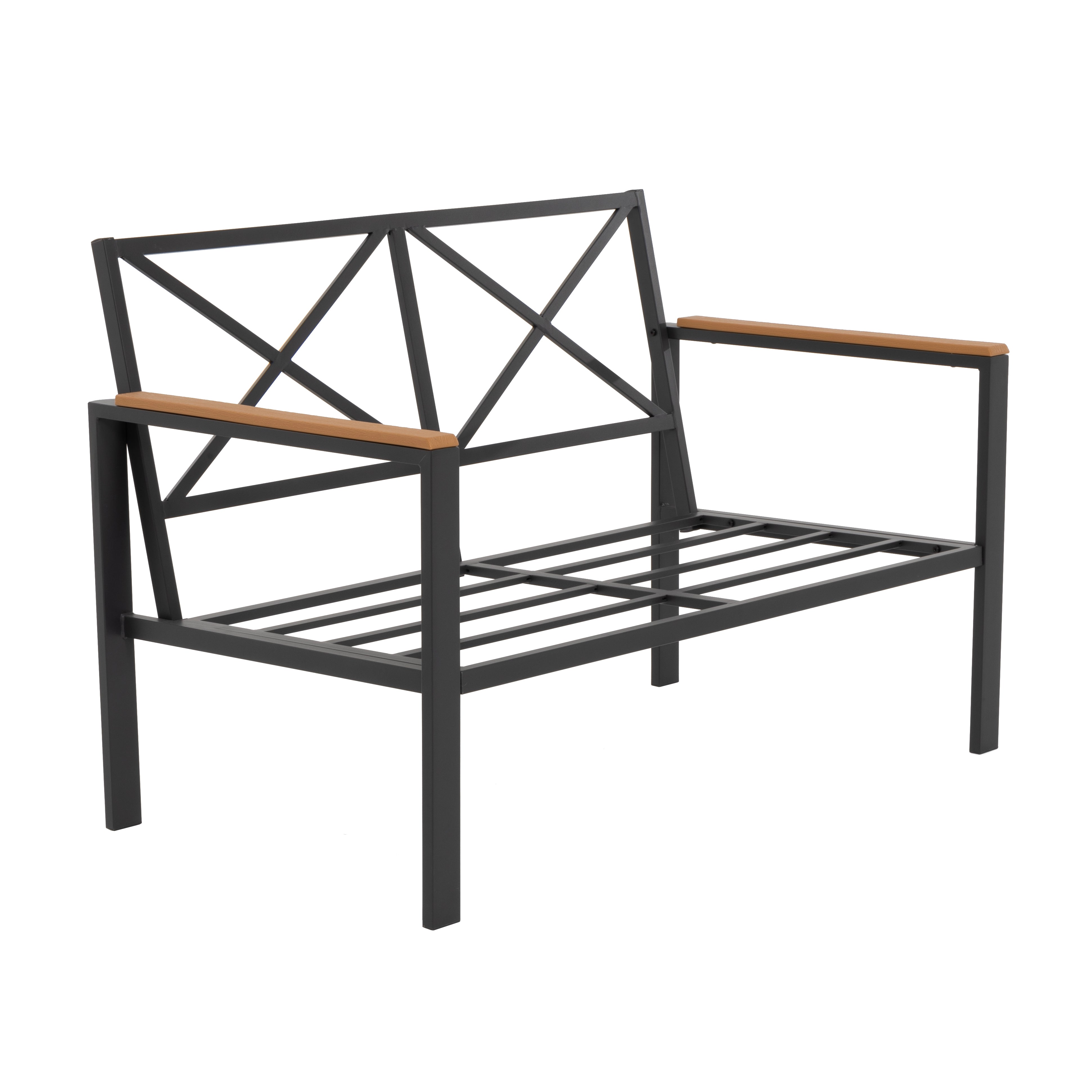 VESTIAMO CASA GIARDINO - Set da giardino 4 pezzi struttura in acciaio Antracite e Doghe in HDPE con cuscini Grigio Scuro - Formato da Panchina a 2 posti, 2 poltrone e tavolino da salotto