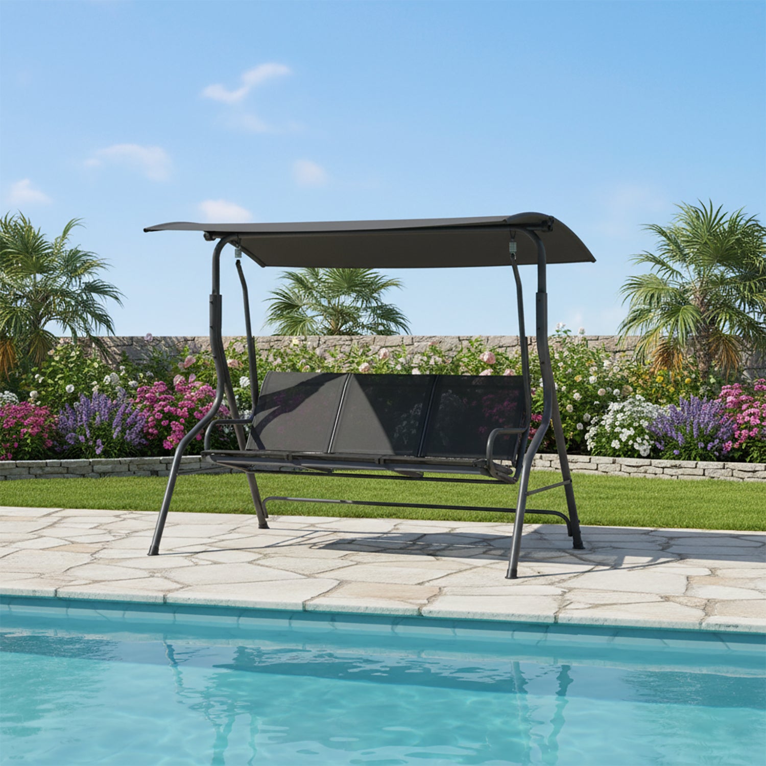 VESTIAMO CASA GIARDINO - Dondolo 3 Posti in acciaio e seduta in textilene Antracite - h150x170x110 cm