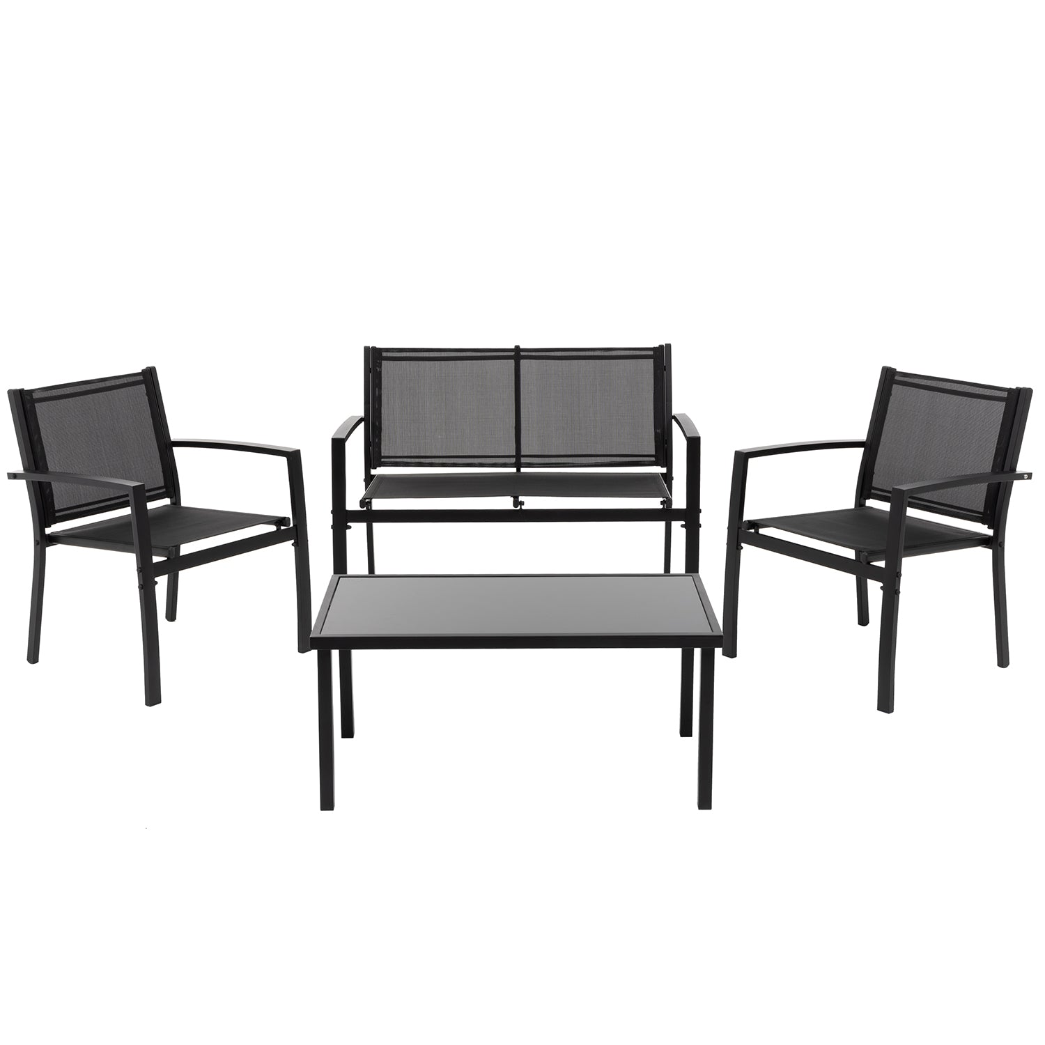 VESTIAMO CASA GIARDINO - Set da giardino 4 pezzi in metallo Antracite - Formato da Panchina a 2 posti, 2 sedie e tavolino da salotto