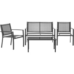 VESTIAMO CASA GIARDINO - Set da giardino 4 pezzi in metallo Antracite - Formato da Panchina a 2 posti, 2 sedie e tavolino da salotto