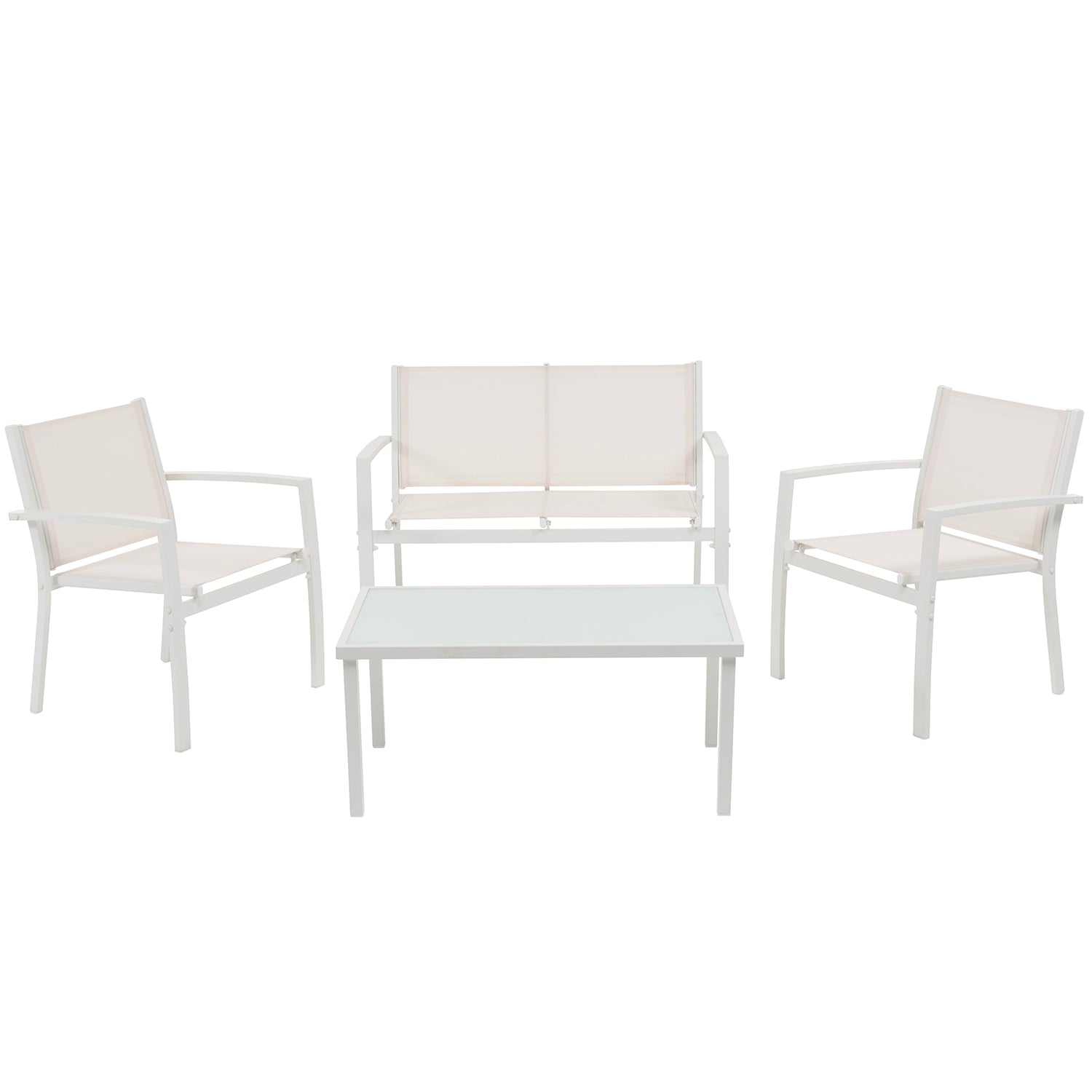 VESTIAMO CASA GIARDINO - Set da giardino 4 pezzi in metallo Bianco - Formato da Panchina a 2 posti, 2 sedie e tavolino da salotto