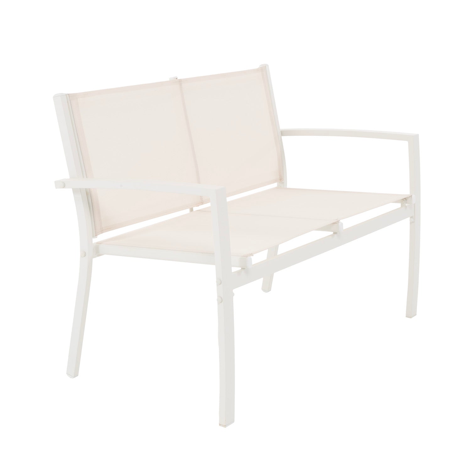 VESTIAMO CASA GIARDINO - Set da giardino 4 pezzi in metallo Bianco - Formato da Panchina a 2 posti, 2 sedie e tavolino da salotto