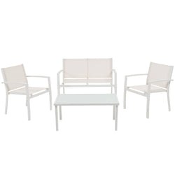 VESTIAMO CASA GIARDINO - Set da giardino 4 pezzi in metallo Bianco - Formato da Panchina a 2 posti, 2 sedie e tavolino da salotto
