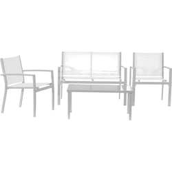 VESTIAMO CASA GIARDINO - Set da giardino 4 pezzi in metallo Bianco - Formato da Panchina a 2 posti, 2 sedie e tavolino da salotto