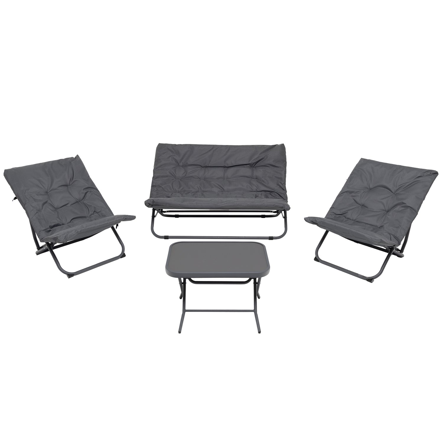 VESTIAMO CASA GIARDINO - Set da giardino 4 pezzi con Struttura in Acciaio Antracite, Tavolino con top in vetro e cuscini Antracite