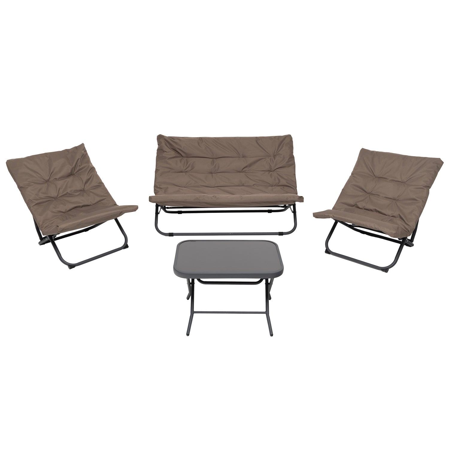 VESTIAMO CASA GIARDINO - Set da giardino 4 pezzi con Struttura in Acciaio Antracite, Tavolino con top in vetro e cuscini Tortora