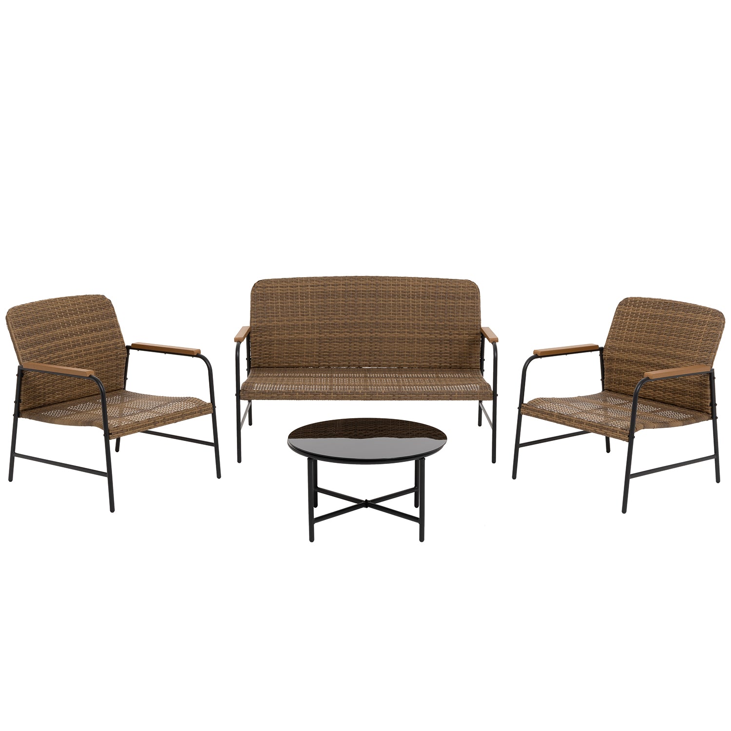 VESTIAMO CASA GIARDINO - Set da giardino 4 pezzi in metallo Nero e braccioli in legno sintetico e Intreccio in Polietilene Marrone - Formato da Panchina a 2 posti, 2 poltrone e tavolino da salotto